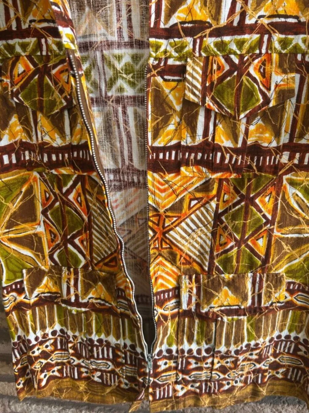Napili Men's Hawaiian Shirt Vintage 60s Barkcloth Tiki Tribal Front Zip Size S